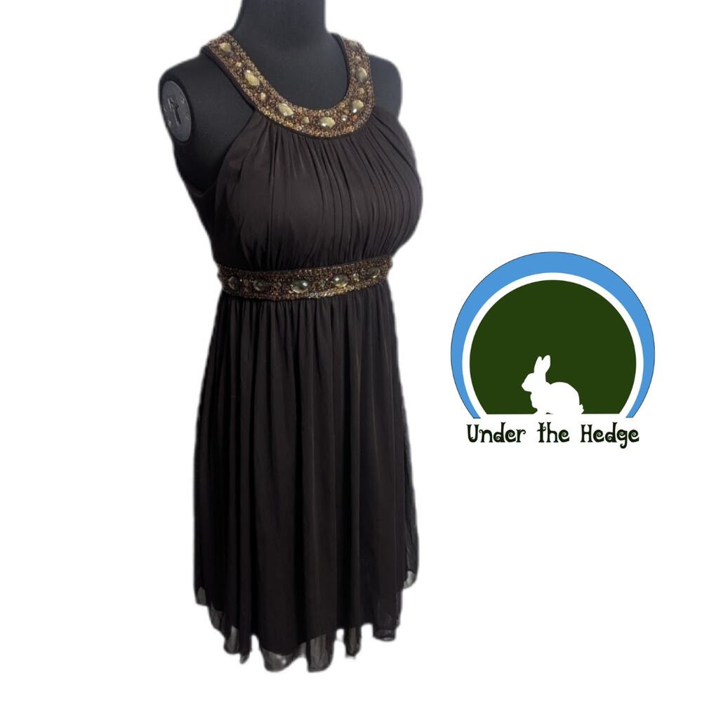 y2k CACHE Brown Bejeweled Beaded Chiffon Halter Dress Size 6 Empire Waist F2